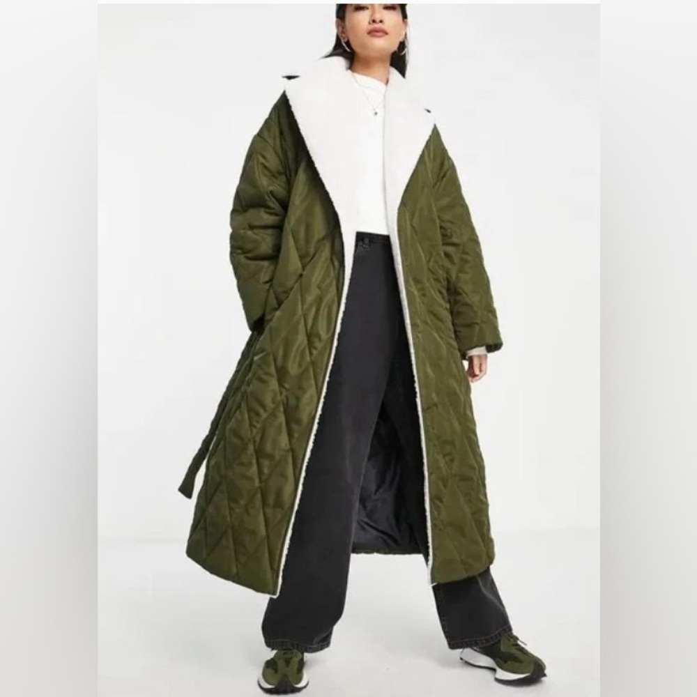 Topshop Green and White Puffer Quilted Long Coat